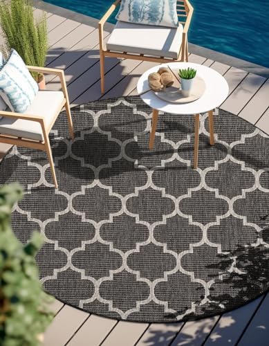 Unique Loom Outdoor Trellis Collection Area Rug (6' 1" Round Black/Ivory) by UniqueLoom