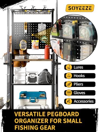 SOYEEZE Fishing Rod Holders for Garage,Fishing Gear Holder for Fishing Rod Tackle Box Storage，Fishing Pole Holders for 12 Rods with Hooks and Pegboard,Fishing Cart with Reel Rack, Standard Size - Image 3