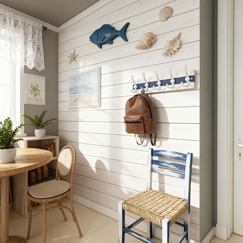 SKOLOO Coastal Wall Mounted Coat Rack - 16-7/8" Beach House Entryway Wooden Coat Hook with 5 Hooks for Hanging Coats, Hats or Towels, Oceanfront Cottage Core Collection, White & Blue, Pack of 2 - Image 3