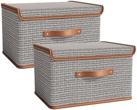 Tuza 2 Pack Storage Bins with Lids, Collapsible Closet Organizer Container, Fabric Organizer Box with Handles, Decorative Storage Boxes with Lids for Organizing Clothes, Sheet, Light Grey, Extra Large by LOVEWHEREYOULIVE