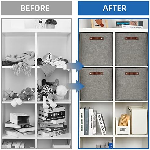 Temary Storage Baskets 13 Inch Fabric Storage Cubes for Shelves Set of 4 Storage Cube Bins for Home, Office, Storage Organizers for Toys with Leather Handles(Grey) - Image 6