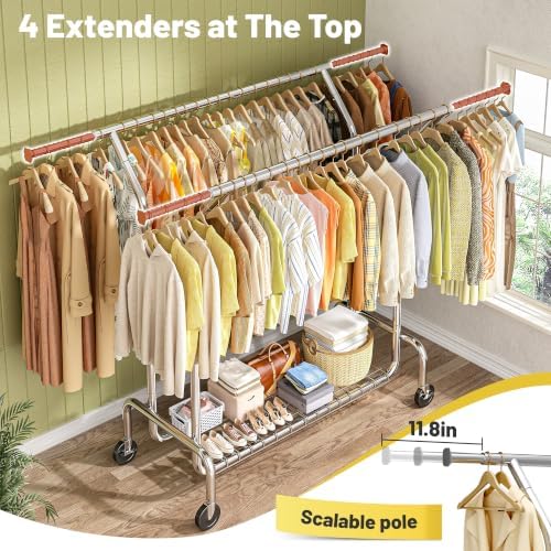 Raybee Heavy Duty Clothes Rack 630 LBS Double Rods Sturdy Shelves & Wheels - Image 2