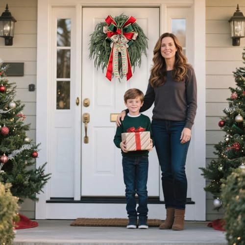 24 Inch Norfolk Pine Wreath with Large Merry Christmas Bow – Real Touch Norfolk Pine Winter Holiday Green Wreath for Front Door, Weatherproof Outdoor Porch Decoration, Includes Storage Bag - Image 4