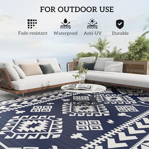 Outsunny Outdoor Rug for Patio Waterproof 9' x 18' Blue & White Rhombus - Image 6