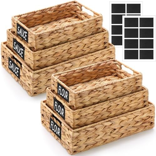 Reallnaive Set of 6 Water Hyacinth Pantry Storage Baskets Wicker Storage Baskets Woven Organizers with Chalkboard Label for Organizing Shelves, Bedroom, Living Room (Large, Medium, and Small) by Reallnaive