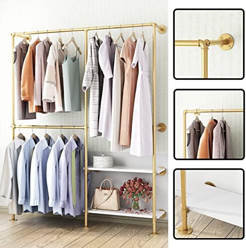 Gold Pipe Clothes Racks with White Shelves, Industrial Pipe Gold Clothing Rack with Double Hanging Rods, Heavy Duty Wall Mounted Clothing Rack Rod for Closet Storage, Bedroom - Image 4