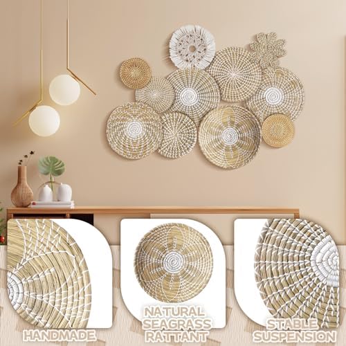 11 Pcs Boho Hanging Wall Basket Decor Handmade Woven Basket Wall Decorative Boho Wicker Baskets Placemats Round Farmhouse Bulrush Art for Rustic Home Decorations Christmas Gift(Fresh) - Image 4