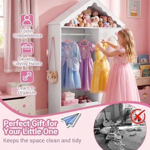 Costzon Kids Dress Up Storage with Mirror, Roofed Wardrobe Closet with Open Hanging Rack, Shelves & Hooks for Children, Kids Armoire & Costume Organizer for Bedroom (White) - Image 5