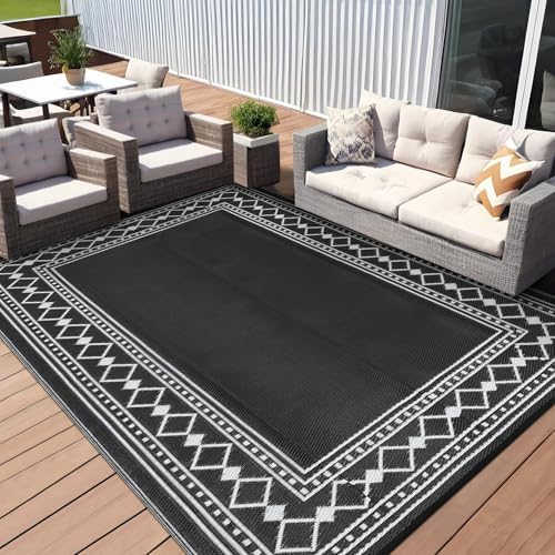 GlowSol 10x14 Outdoor Rug Waterproof Reversible Camping Mat, Plastic Straw Rug for RV Deck Backyard Porch Balcony Lawn & Beach, Easy Cleaning Outdoor Patio Rugs for Outside Decor, Black/White - Image 2
