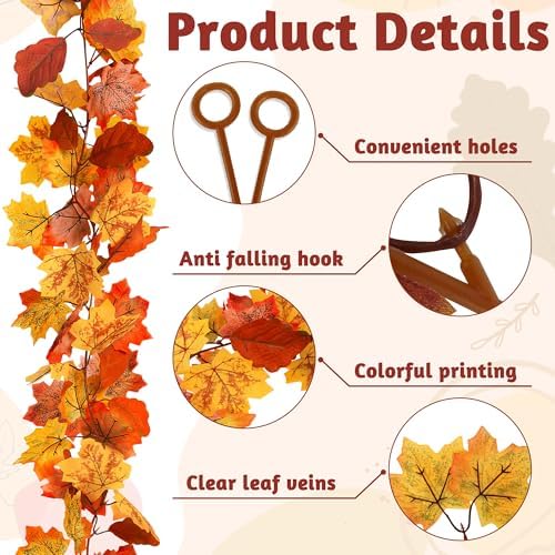 Helimoto 8Pcs Autumn Leaves Garland, 47.2 FT Hanging Fall Garland with 16 Hooks Artificial Fall Outdoor Garlands, Fall Decorations for Home Thanksgiving Halloween Decor Wedding Party Fireplace Mantle - Image 3