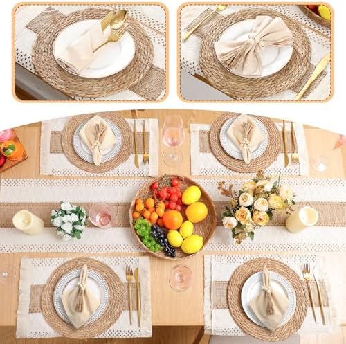4 Sets Boho Placemat Table Runner Napkin Rings, Khaki, 12x72 - Image 5