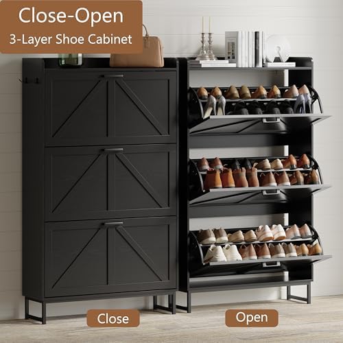 Xixini Shoe Storage Cabinet with 3 Flip Drawers, Entryway Shoe Rack, Black - Image 3