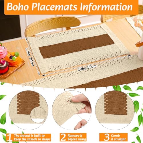 4 Sets Boho Placemat Table Runner Napkin Rings, Caramel, 12x72 - Image 3