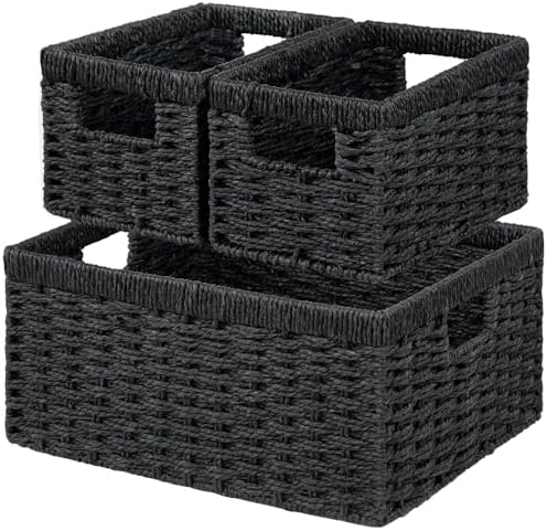 Vagusicc Wicker Storage Basket, Set of 3 Wicker Basket, Hand-Woven Paper Rope Storage Baskets for Organizing, Large Cube Storage Organizer Bins Baskets for Shelves Small Toilet Paper Baskets, Black by Vagusicc