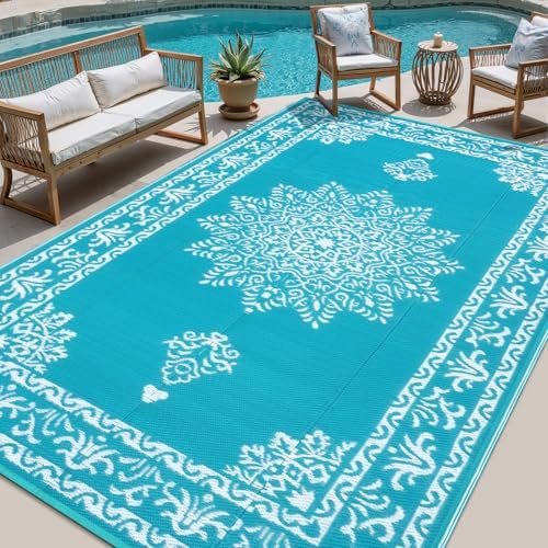 Yamaziot 8x10Ft Outdoor Rug Waterproof Plastic Straw Outdoor Patio Rug,Teal by Yamaziot