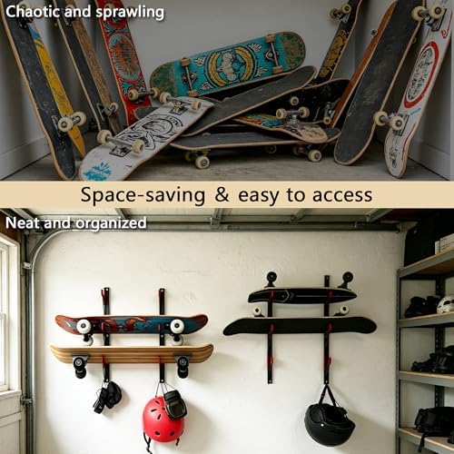 Skateboard Rack Wall Mount with Hooks, Metal Holder for Longboards, Snowboards and Skis, Sports Equipment Organizer for Home Garage - Image 3