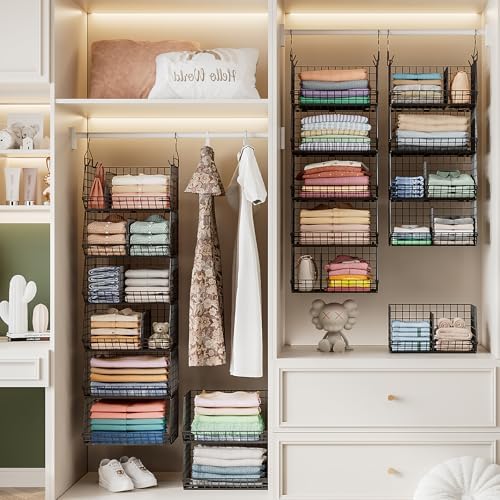 Jautokerdar 6 Tier Extra Large Hanging Storage Organizer,Hanging Closet Shelves with Dividers,Closet Organizer Wire Shelf with 5 S Hooks,Bedroom,Laundry Storag-Black - Image 4
