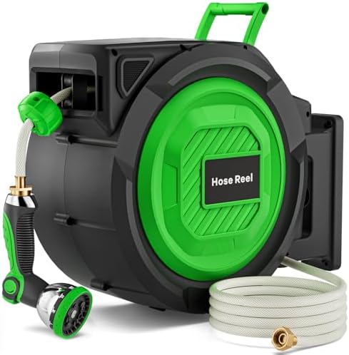 Retractable Garden Hose Reel, 5/8 in x 100 ft Heavy Duty Wall-Mounted Hose Reel with 180° Swivel Bracket, 10-Pattern Nozzle, Automatic Slow Rewind System, Any Length Lock for outside Watering,Cleaning by Unknown