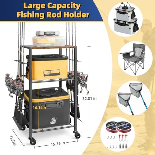 Olakee Fishing Rod Holders, Rolling Fishing Rod Rack for Garage & Boat, Tackle Box & Reel Holder Cart, Easy Assembly Fishing Gear Management System, Ideal Birthday Gift for Men Dad Anglers - Image 4
