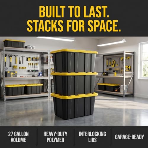 6-Pack 27 Gallon Storage Totes with Lids, Stackable Black & Yellow Bins - Image 2