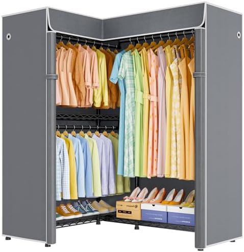 ULIFHOME E15C Garment Rack L Shaped Clothes Rack for Corner，Freestanding Clothing Racks for Hanging Clothes，Heavy Duty Closet Organizer 43.4"W x 15.8"D x 78.4"H，Black Rack with Grey Dustproof Cover - Image 2