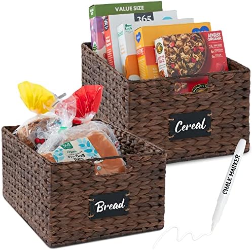 Best Choice Products Pantry Baskets Set of 2 16x12in Water Hyacinth Storage Baskets, Woven Wicker Kitchen Organizers with handles w/Chalkboard Label Chalk Marker - Brown by BestChoiceProducts