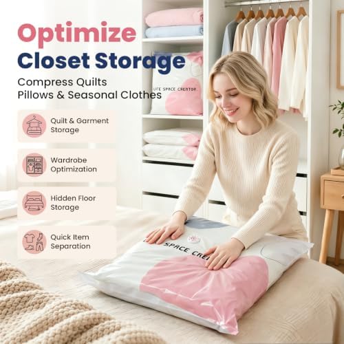 5PCS No Pump Vacuum Storage Bags, No Pump Large Vacuum Storage Compression Bags, Thick Airtight Reusable Organizer for Clothes Comforters Travel Moving Closet Storage (L) - Image 2
