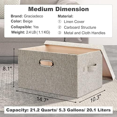 Graciadeco Medium 15" 21 Quart Collapsible Stackable Storage Bins with Lids, 3 Packs Beige Foldable Fabric Closet Boxes Heavy-duty Linen Cube Baskets Container for Bedroom Office (15 x 11 x 8) - Image 2
