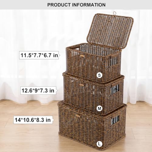 Nonam Wicker Storage Basket With lid, Large Stackable Plastic Bin, Brown - Image 3