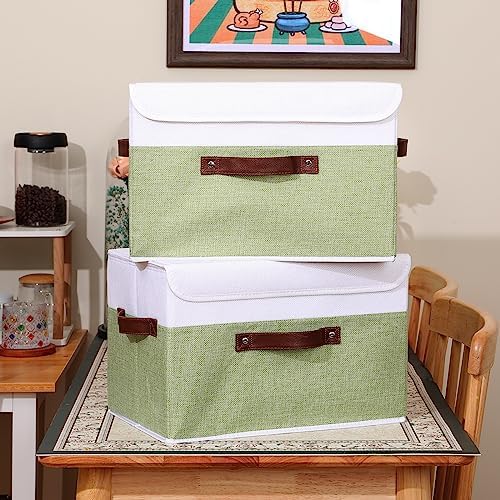 ANMINY Fabric Storage Box Bins with Lids, Green White, 15"x10"x10", 4 Pack - Image 6