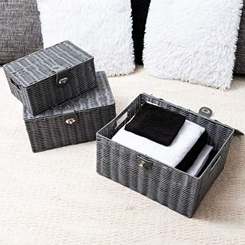 ARPAN Set of 3 Resin Woven Utility Storage Basket Box With Lid & Lock (Grey) - Image 6