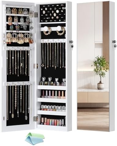 Nicetree Jewelry Cabinet Armoire, Hanging Jewelry Organizers and Storage, Lockable Jewelry Cabinet with Full-Length Mirror, Wall or Door Mount Jewelry Mirror Cabinet, Shelves, Polishing Cloth by Nicetree