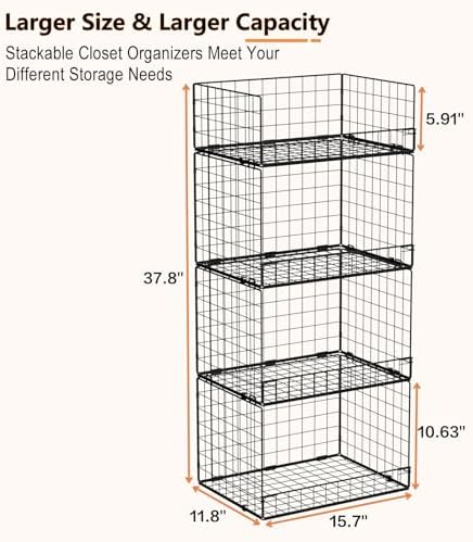 4 Tier Stackable Closet Organizers and Storage Shelves, Foldable Closet Shelf Organizer System, Stackable Storage Bins Drawers for Clothes Organizer System, Black（Patent No. 30022416） - Image 3