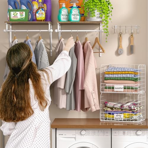 DAOUTIME 2 Set Laundry Room Wall Mounted Shelves With Wire Storage Baskets, Over Washer and Dryer With Hanging Rods and Hooks, for Organization and Storage, White, Wooden - Image 4
