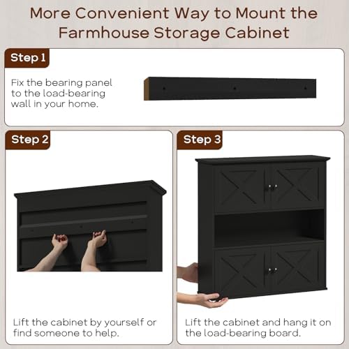 Vabches Bathroom Wall Cabinet, Farmhouse Medicine Cabinet with 4 Barn Doors, Large Wooden Vintage Storage Cabinet Wall Mounted for Bathroom, Kitchen, Black - Image 6