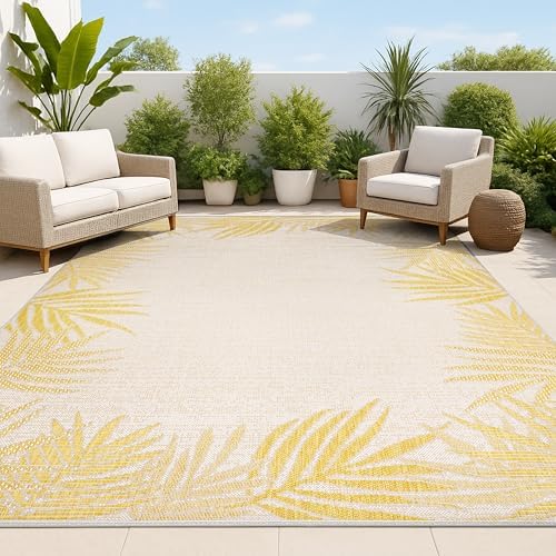 JONATHAN Y Palm Frond Border Indoor Outdoor Area Rug 3X5 Yellow/Cream, Isla Coastal Cottage for Backyard, Patio, Porch, Easy-Cleaning, High Traffic, Pet-Friendly, Non-Shedding (TSN207A-3) by JONATHANY