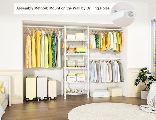 Ulif M5 Wall Mounted Clothes Garment Rack, Heavy Duty Closet Storage and Organizer with 6 Shelves and 3 Expandable Hanger Rods, Space Saver Suit (46.2-102.4)" W x 14" D x 83.1" H, White - Image 2
