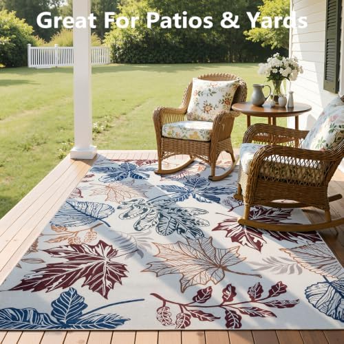 UKISS Washable Outdoor Rug Carpet，Non Slip Portable Outdoor Patio Rugs，5' x 8' Indoor Outdoor Mats，Leaves Large Area Rugs Mats for Patio，Picnic,RV,Backyard, Deck, Balcony, Porch, Beach - Image 2