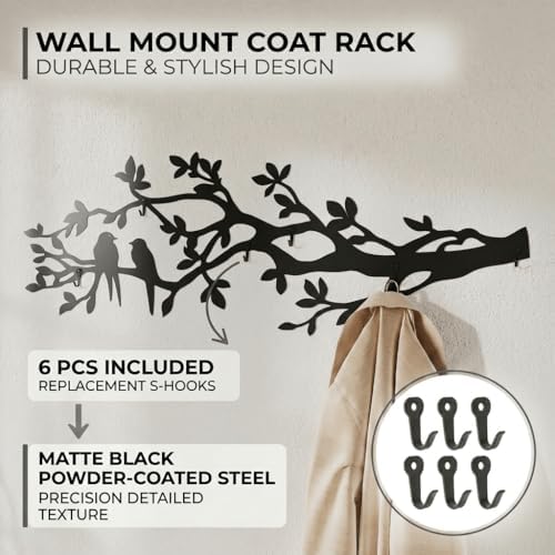 Tree Branch Coat Rack Wall Mount, 5 Hooks – Heavy Duty Metal, Birds on Tree Branch Wall Art & Functional Entryway Organizer, Wall Mounted Hanger for Living Room, Bathroom, Bedroom, Home Décor, 41x16" - Image 4