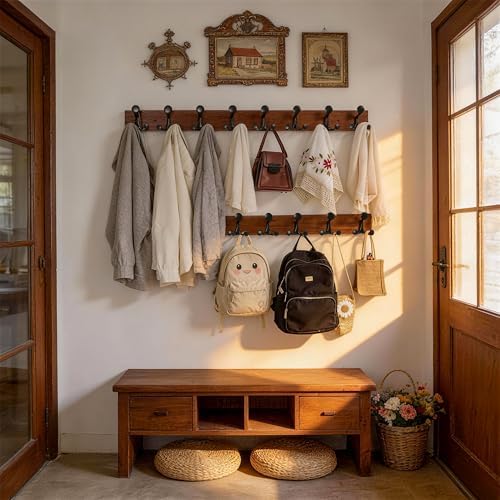 WEBI Coat Rack Wall Mount,30" Solid Wood Coat Hooks Wall Mounted Coat Hanger,16" Hole to Hole,Heavy Duty 5 Triple Hooks for Hanging Coats,Jacket,Hat,Backpack,Farmhouse,Reddish Brown,2 Packs - Image 2
