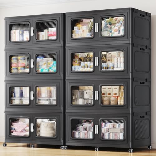 BROVIEW 440Gal Storage Bins, 1760Qt Extra Large Stackable Storage Box with Lids & Wheels - Heavy Duty Collapsible Plastic Cabinets, Open Front Door for Sundries in Home & Office, Black 8 Pack by BROVIEW-EnjoytheArtofLife