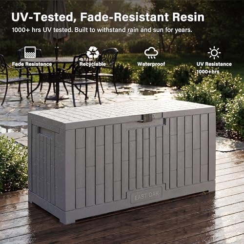 EAST OAK Outdoor Storage Box, 100 Gallon Deck Box, Waterproof Resin Storage Bench for Patio Cushions, Gardening Tools, Pool Toys, Lockable, UV Resistant, Grey - Image 3