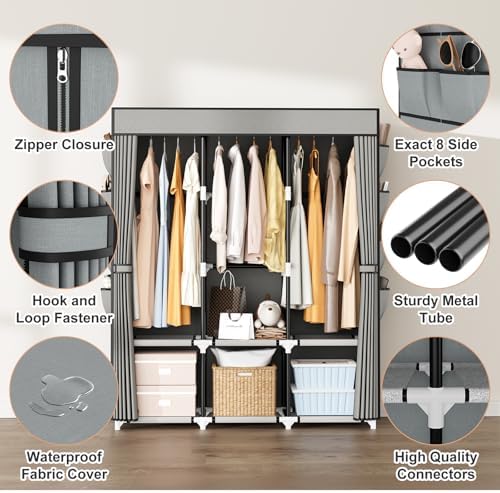 Portable Closet with Cover, 3 Hanging Rods and Side Pocket, Sturdy Free Standing Closet, Grey - Image 4