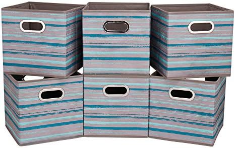 13 inch Collapsible Storage Cubes Bins Teal Stripes Fabric Storage Boxes Foldable Cube Inserts Storage Grey Printed Folding Cloth Storage Baskets Drawer Organizer ,QY-SC05-6 by HSDT