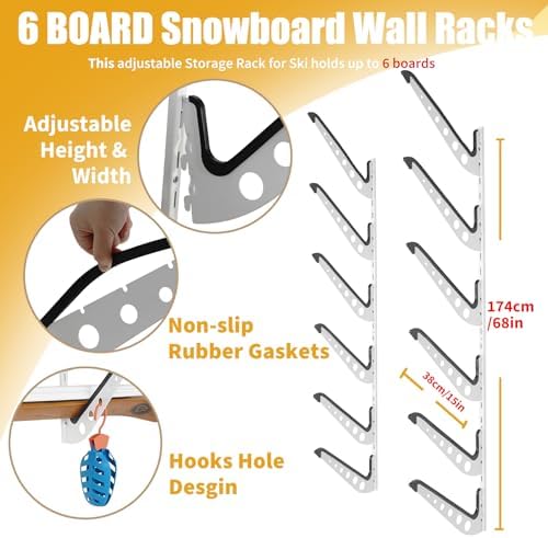 Snowboard Wall Racks, Adjustable Storage Rack for Ski, Surfboard, Wakeboard, Snowboard Wall Mount Display, White/Black - Image 2