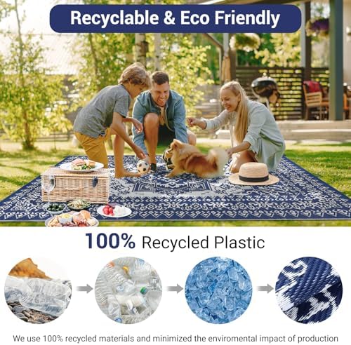 Outdoor Patio Rug 10x20 Outdoor Rug Medallion Plastic Straw Rugs for Patio Reversible Mat Waterproof Camping Rugs for RV Beach Deck Picnic Backyard Porch Easy Clean Floor Cover, Dark Blue - Image 5