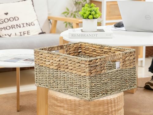 YAHUAN Natural Water Hyacinth & Seagrass Woven Storage Baskets – Wicker Storage Basket Organizer Bins with Handles for Home & Office Pantry Shelf (Large) - Image 6