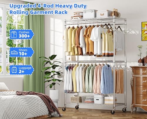 Simple Trending Heavy Duty Clothes Rack Clothing Rack with Wheels and 4 Hanging Rods, Adjustable Rolling Garment Racks, Load 560 LBS, Chrome - Image 2