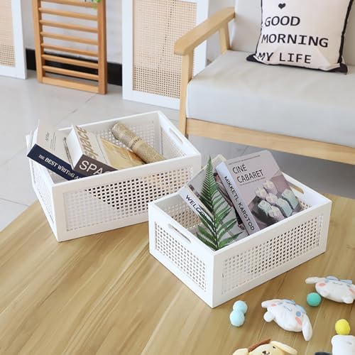 White Wooden Storage Baskets with Handle, Rectangular Set of 2 - Image 5