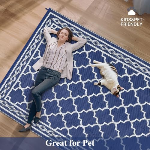Outdoor Plastic Straw Rug 9x18 Large Floor Mat Vintage Trellis Waterproof Rug for Patio Reversible Outdoor Rugs for RV Beach Patio Camping Backyard Deck Picnic Dark Blue - Image 4
